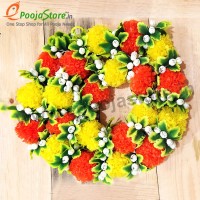 Decorative Artificial Yellow, Red, Marigold and Jasmine Flowers with Green Leaves